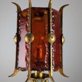 Large Longobard Gilded Metal and Red Hammered Glass Table Lamp