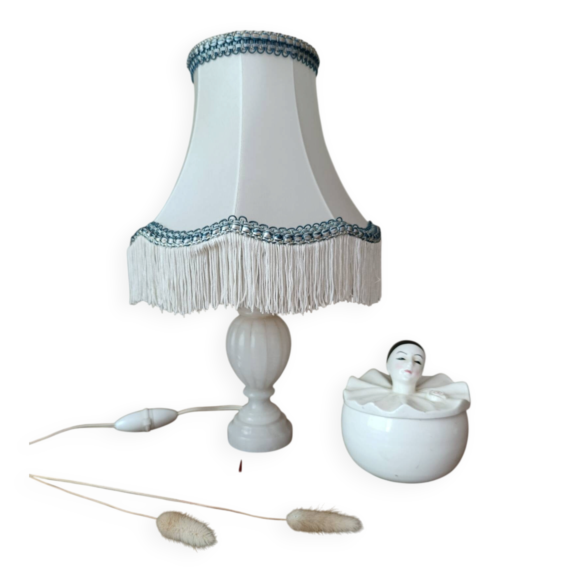 Alabaster lamp, satin white and blue pagoda shade.