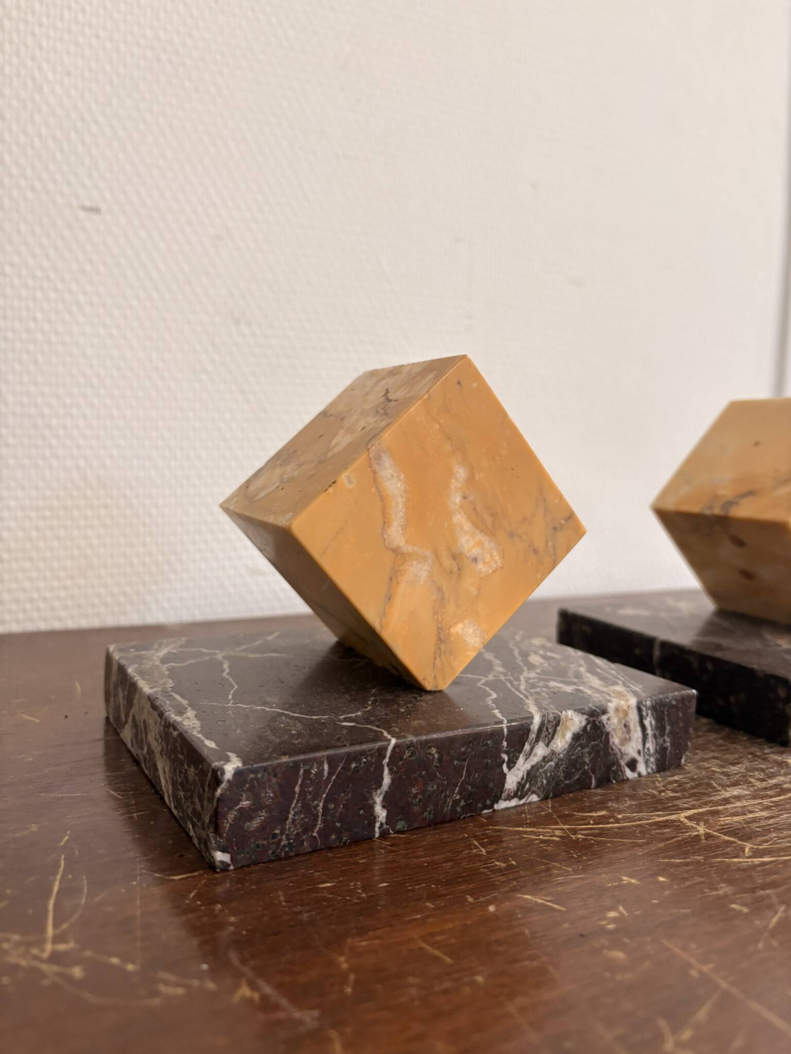 Vintage Pair of Cube Bookends in Yellow Siena Marble Art Deco Circa 1930