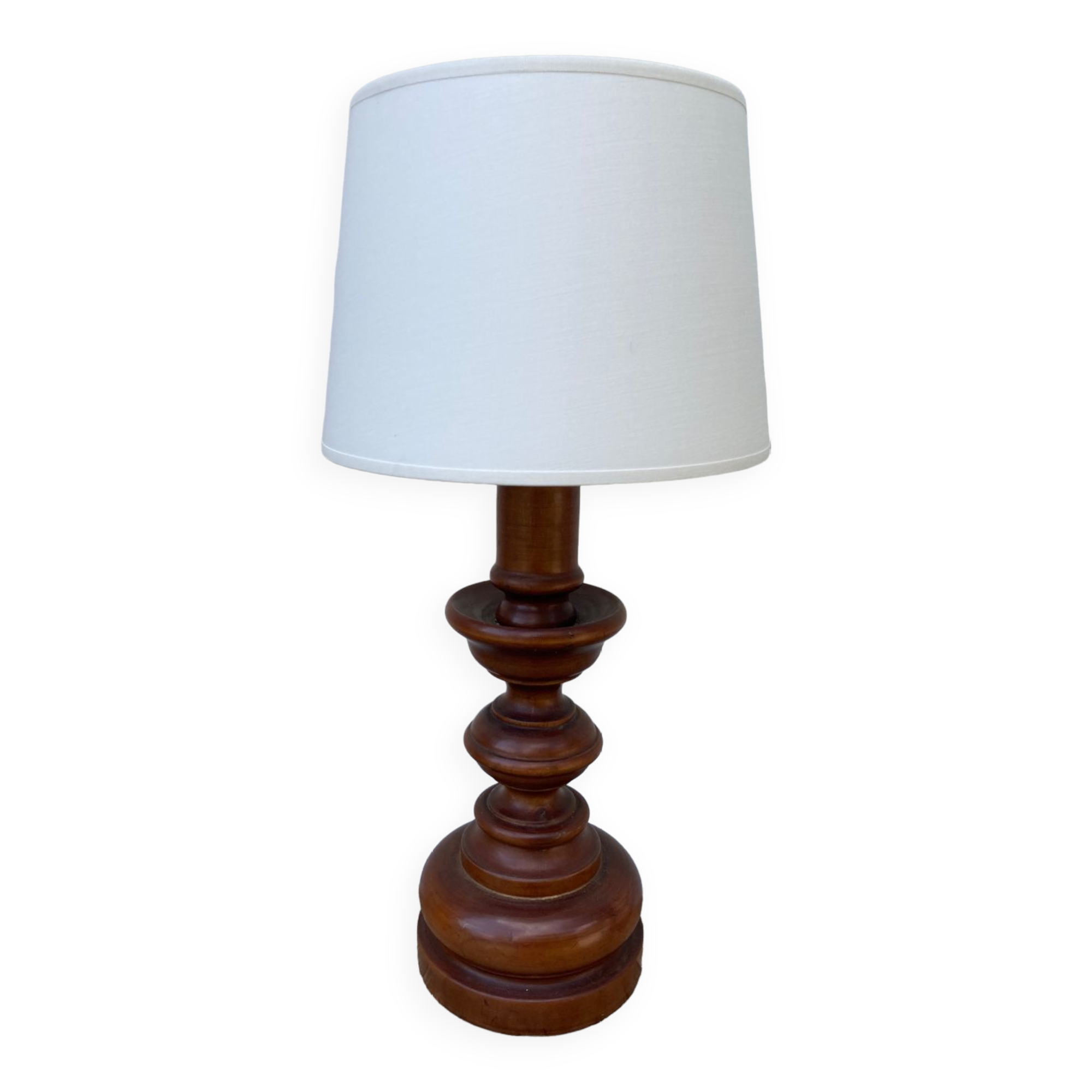 Vintage turned wooden lamp and white lampshade