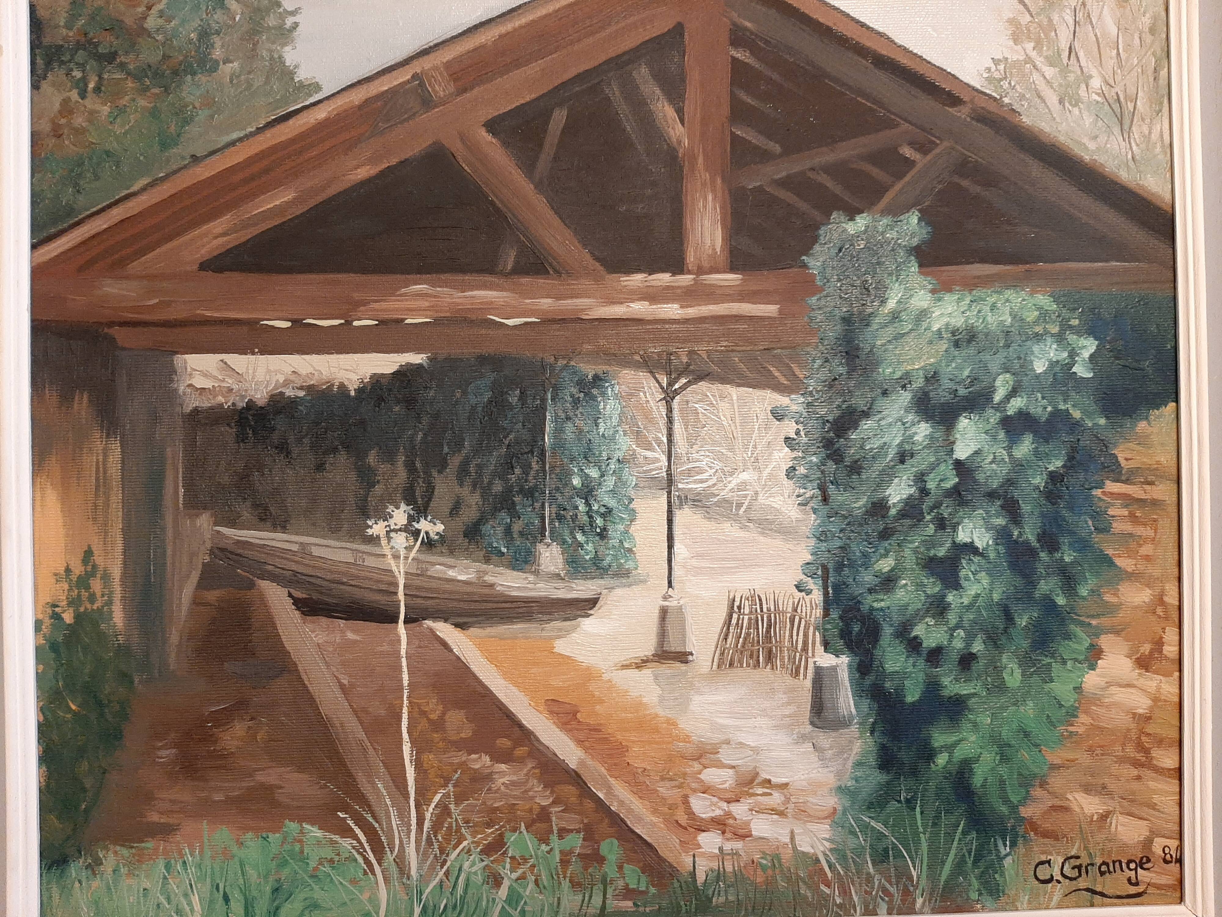 Huile sur toile représentant un abri à barques à Montbazon
