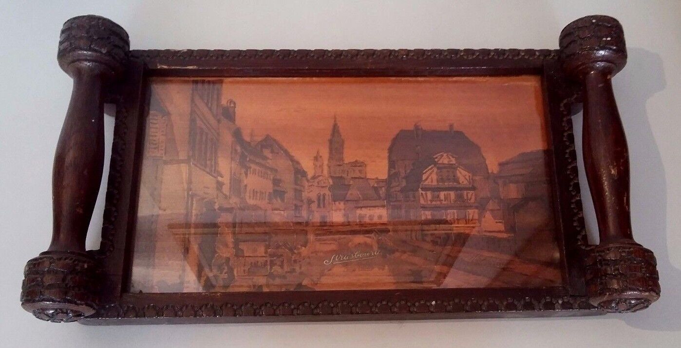 Strasbourg Alsace wooden serving tray signed