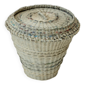 Vintage laundry basket from the 1990s with a lid, handmade from woven newspaper, uniquely designed eco-friendly storage, rustic decoration, gift idea.