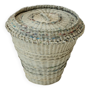 Vintage laundry basket from the 1990s with a lid, handmade from woven newspaper, uniquely designed eco-friendly storage, rustic decoration, gift idea.