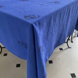 Vintage hand-embroidered tablecloth, floral patterns - Ocean blue - Linen - 160x155 cm