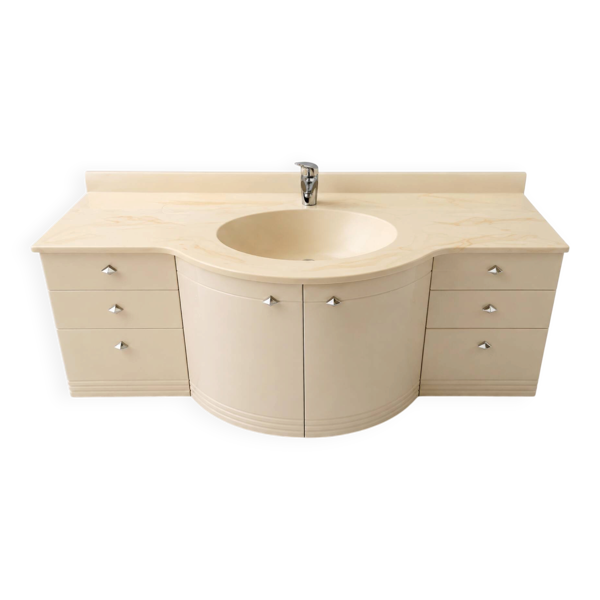 Meuble-vasque vintage sculptural laqué crème et marbre, années 80
