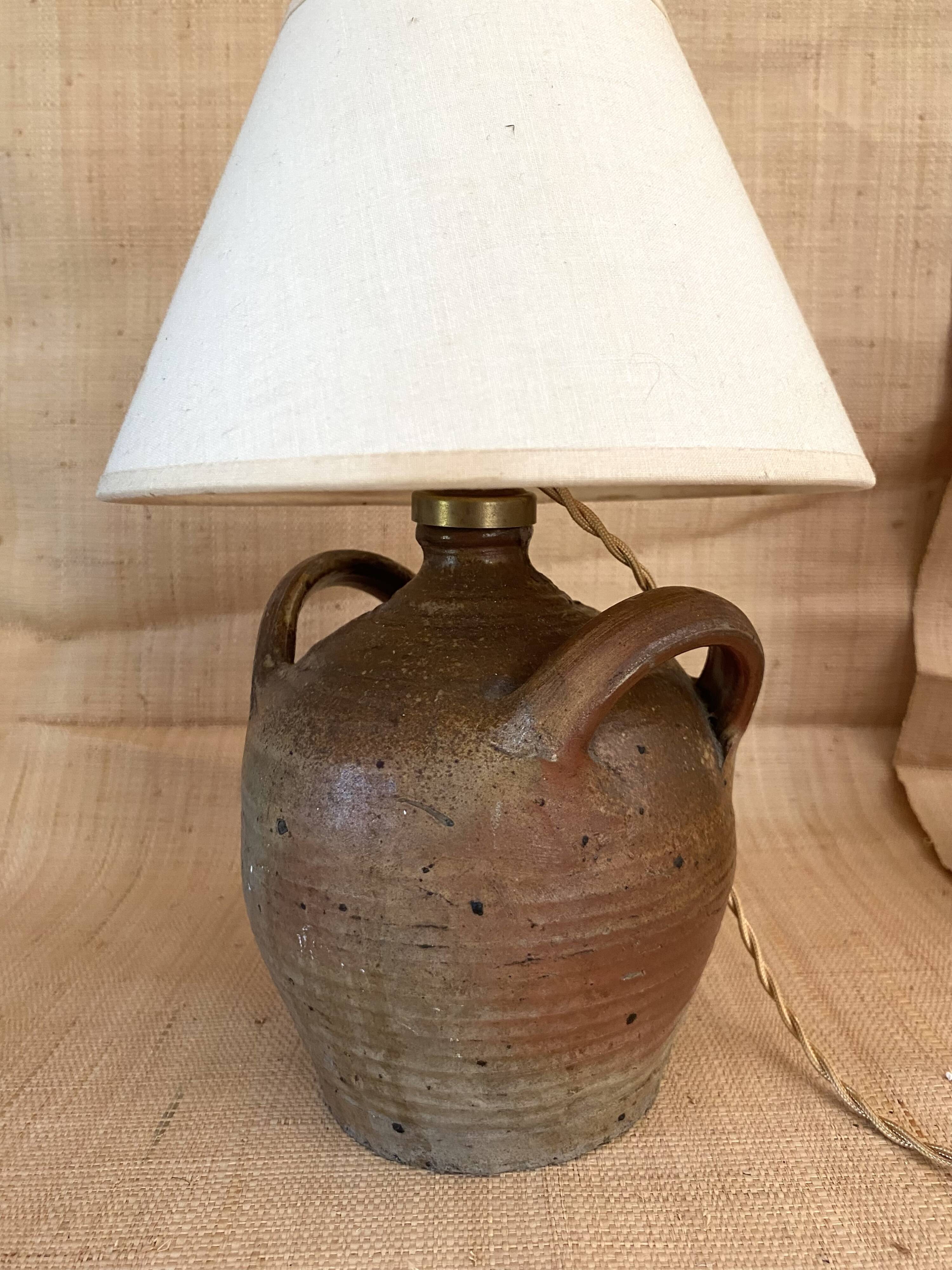 Lampe terre cuite , câble tissu neuf, abat-jour coton