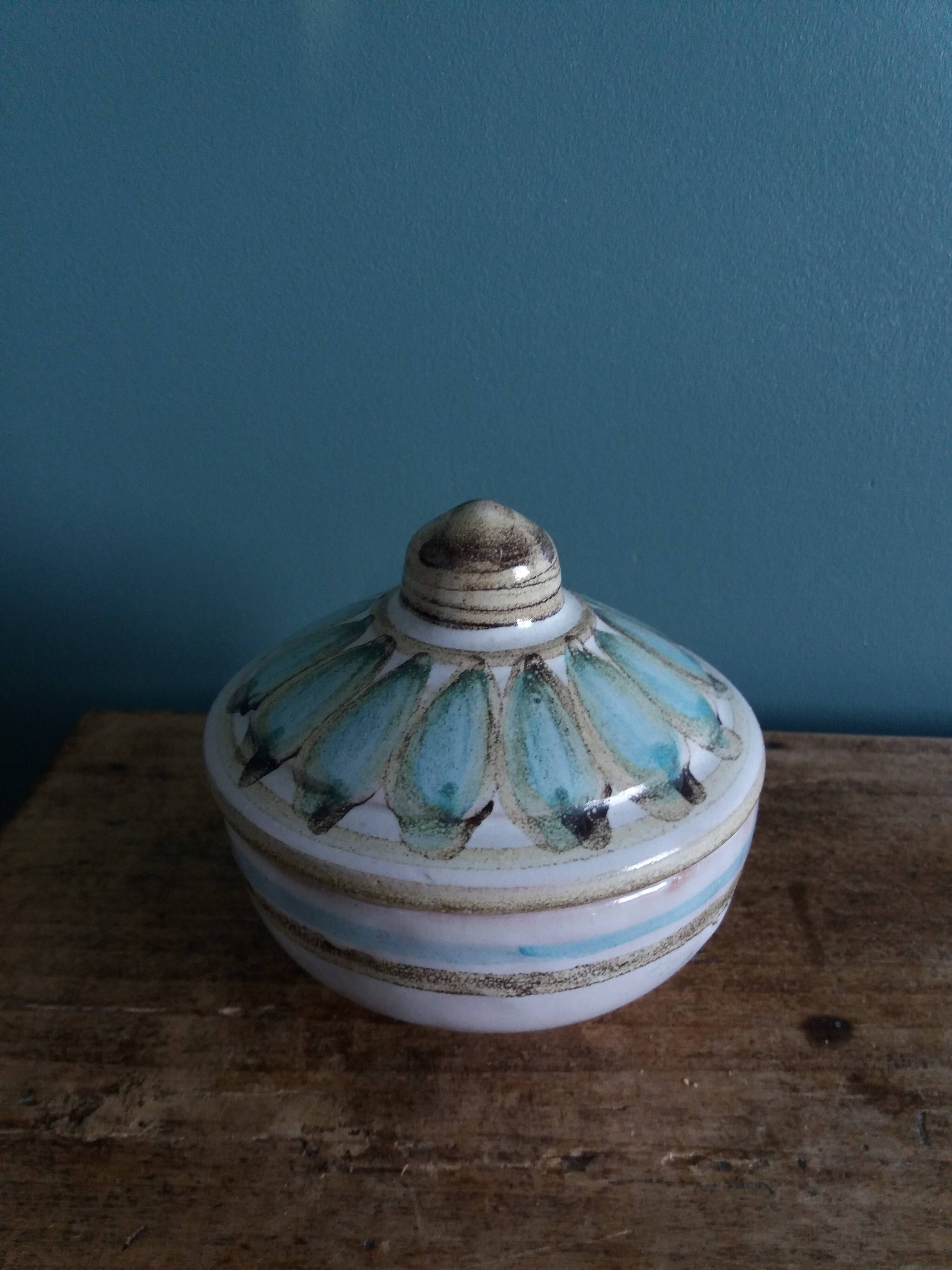 Covered pot, ceramic sugar bowl, signed