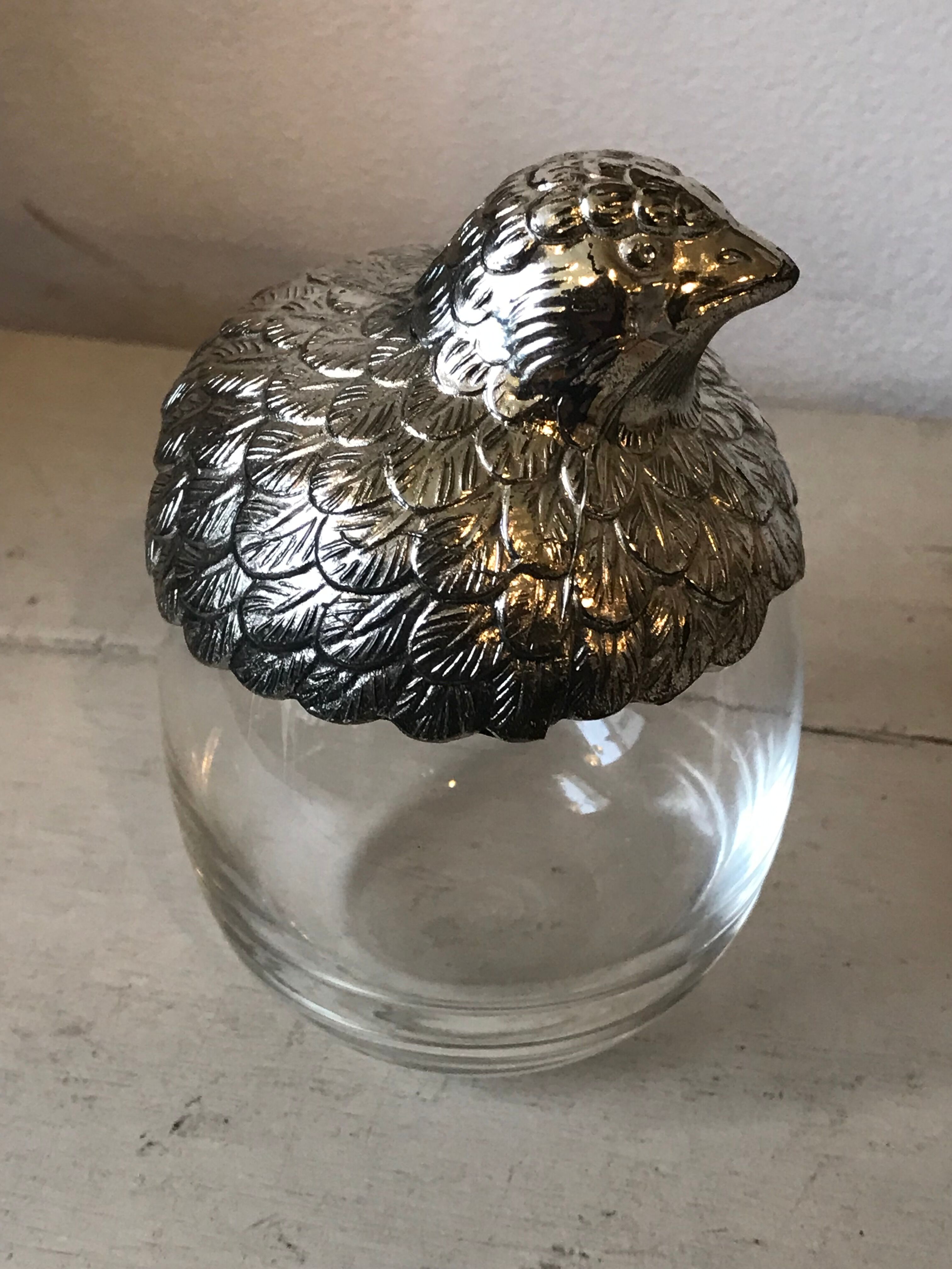 Quail-shaped table mustard silver metal and glass