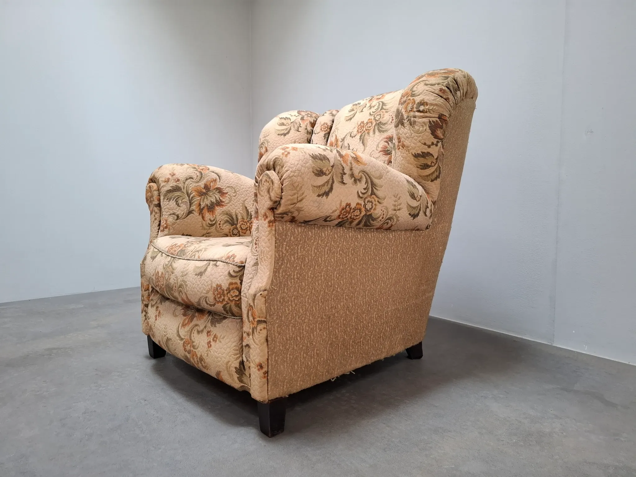 1930s Czech Art Deco Floral Upholstered Wingback Armchair