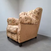1930s Czech Art Deco Floral Upholstered Wingback Armchair