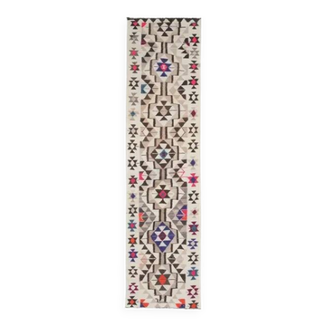 Tapis coureur vintage turc en laine et coton beige noué à la main des années 1970 91x350