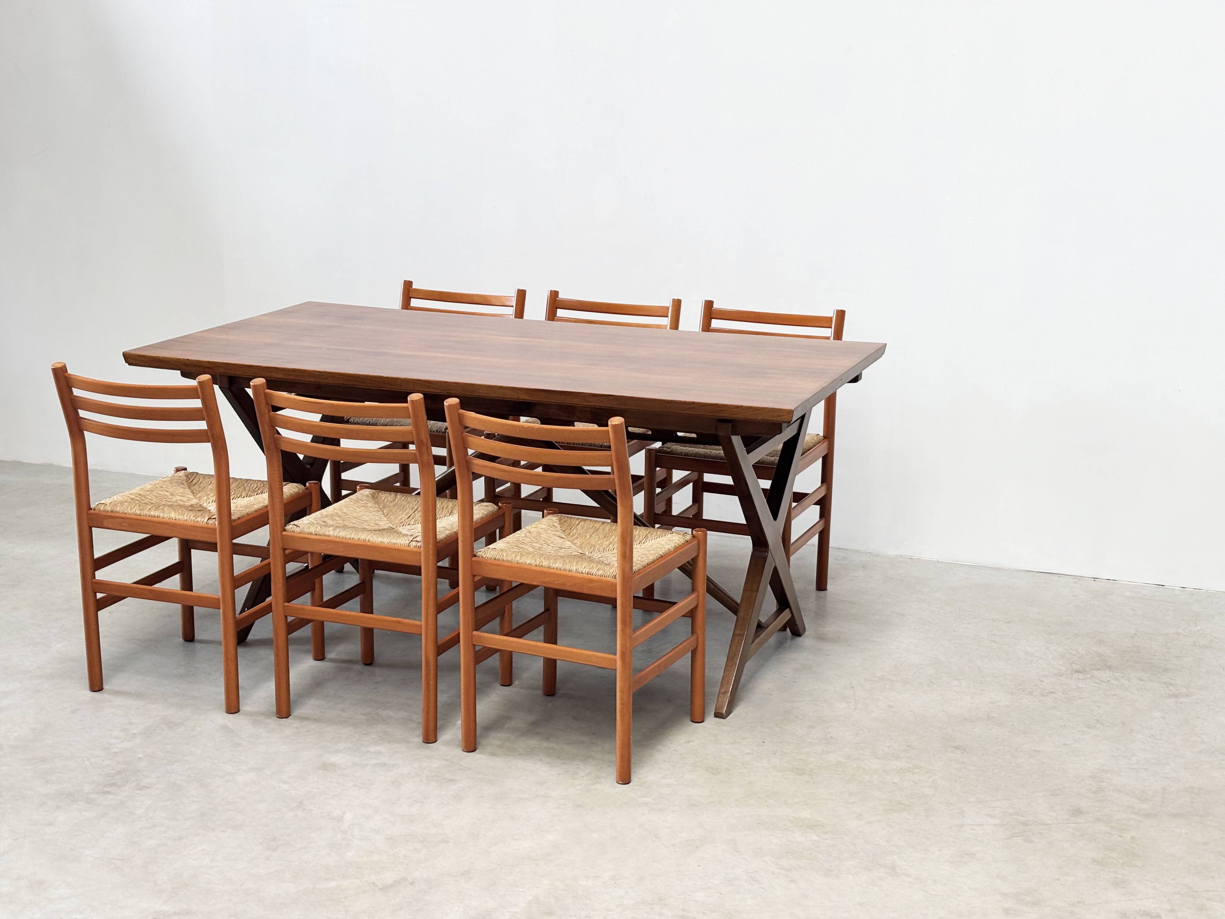 Set of six walnut and rattan dining chairs