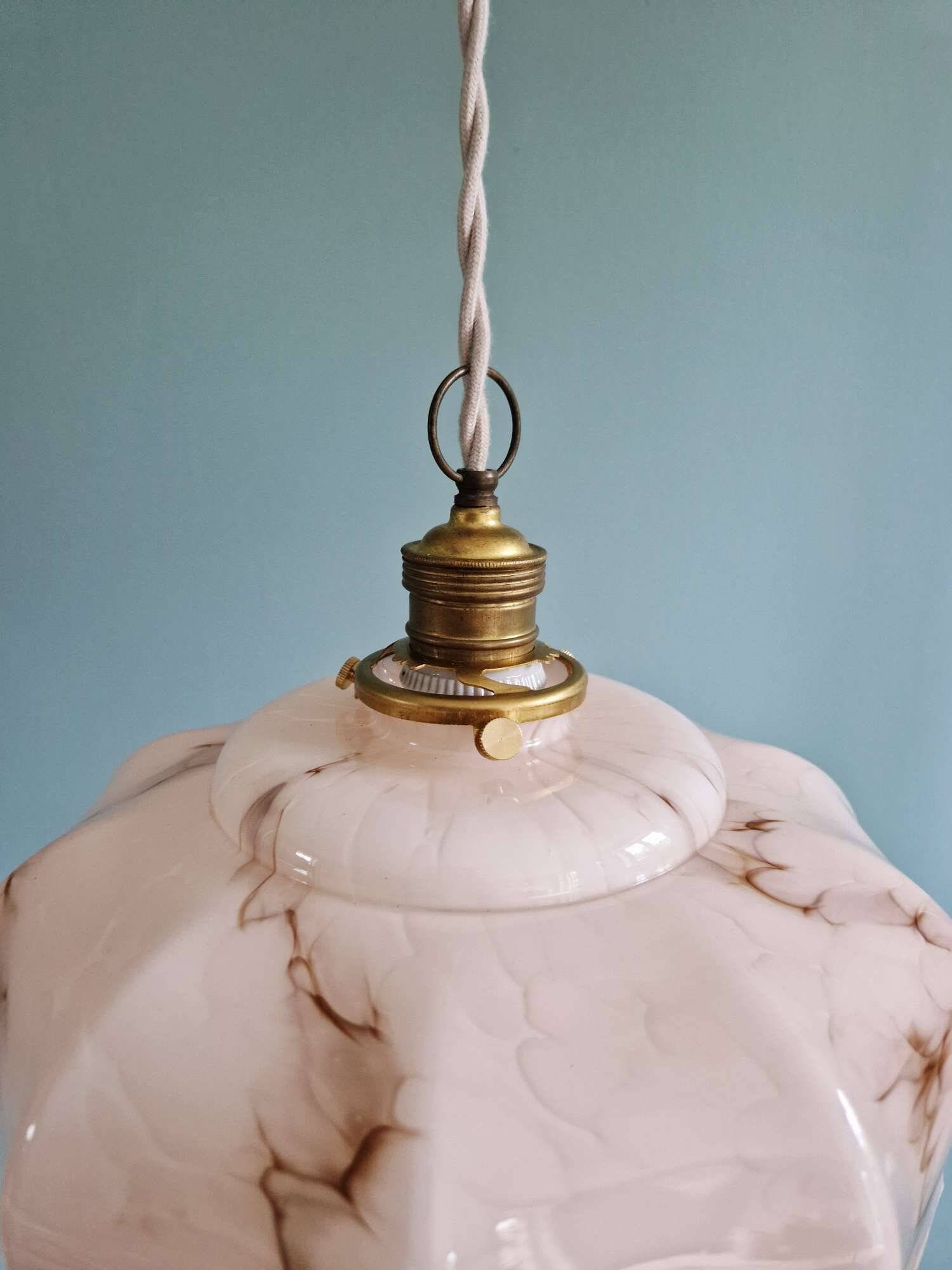Art Deco pendant light in pink marbled opaline, Scailmont, 1920-30