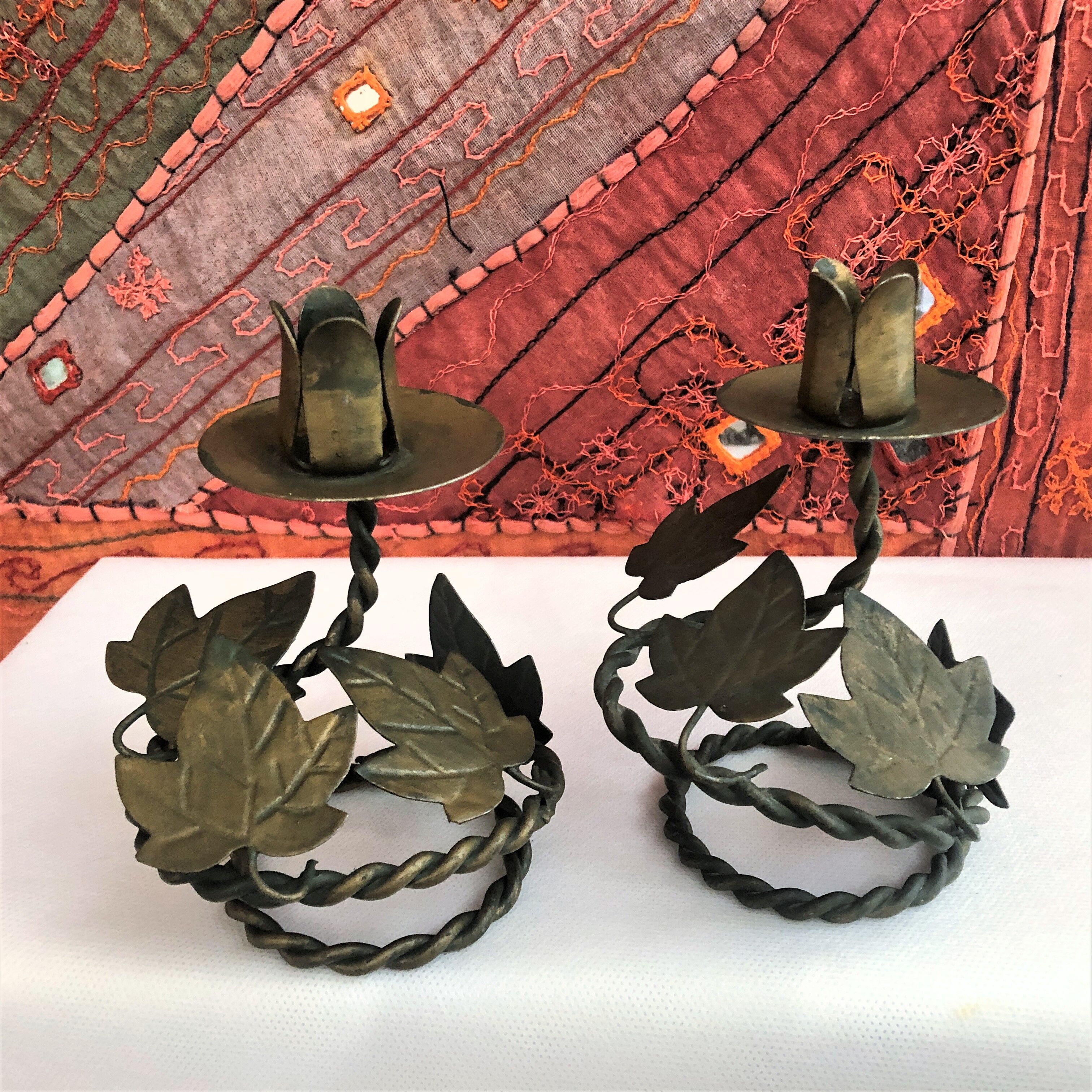 Pair of handcrafted wrought iron candlesticks vintage foliage