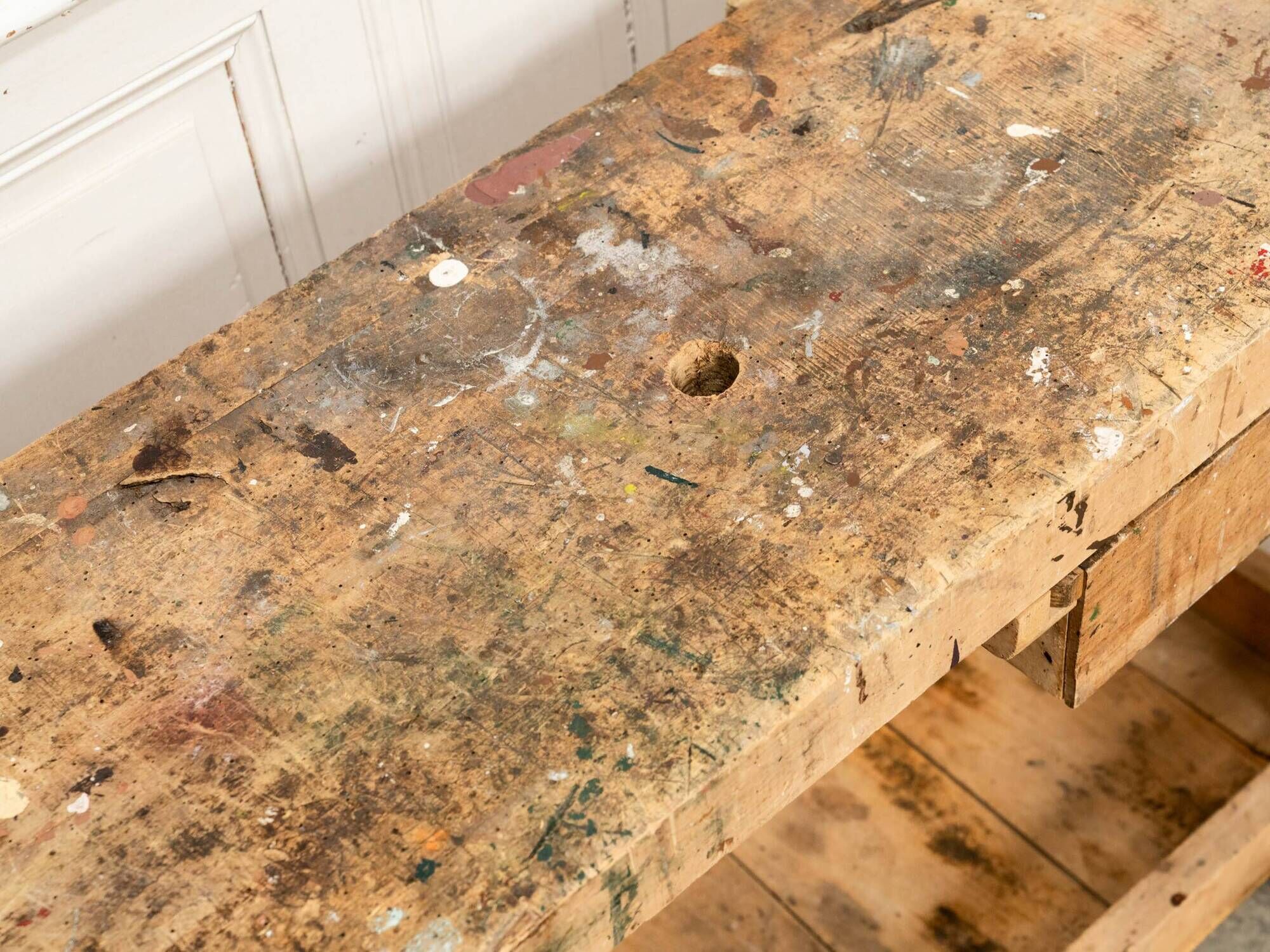 Old small workbench with drawer, beautiful original patina, 1920.