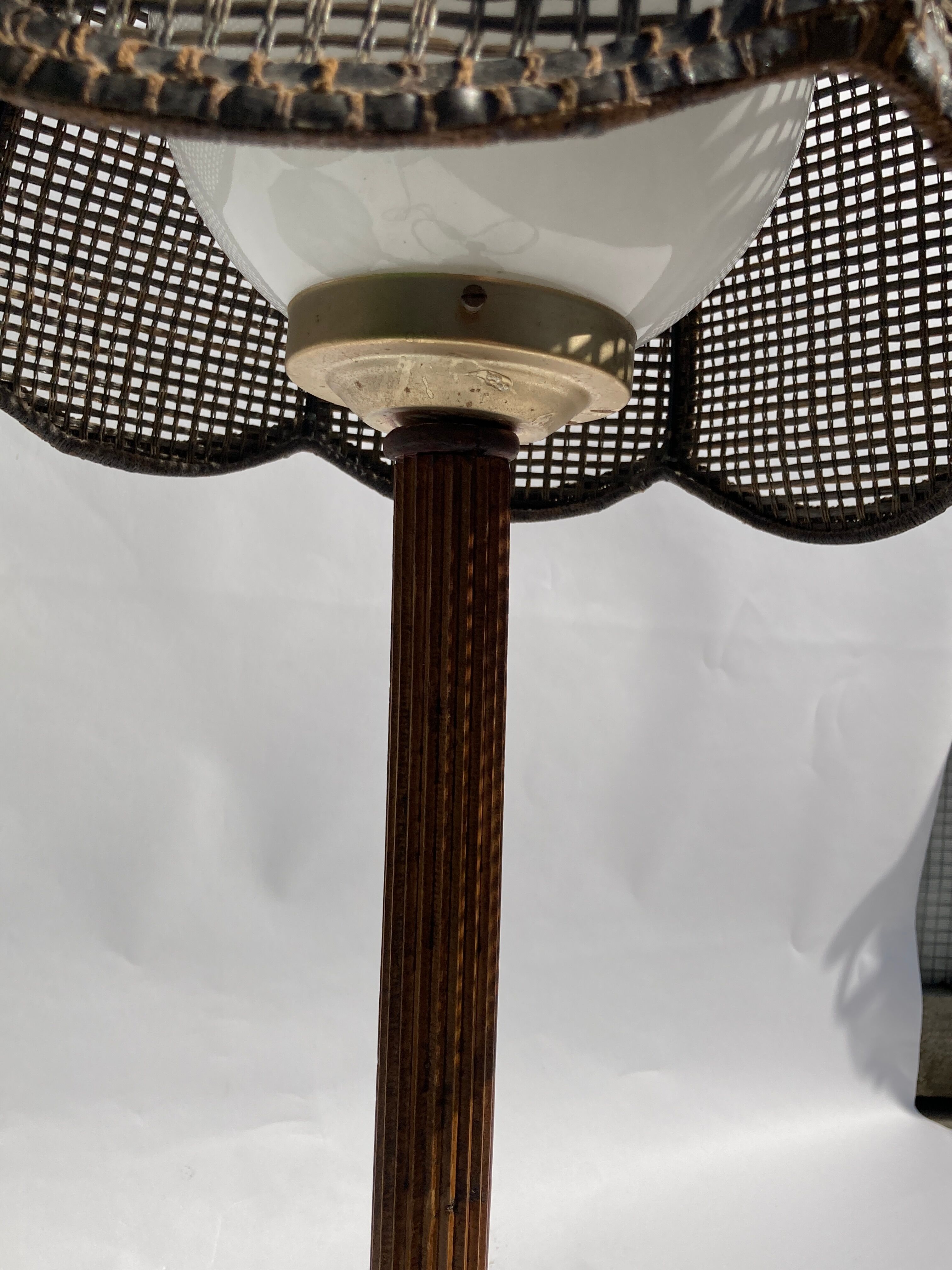 Antique large rattan and opaline bamboo table lamp 1930s-1950s