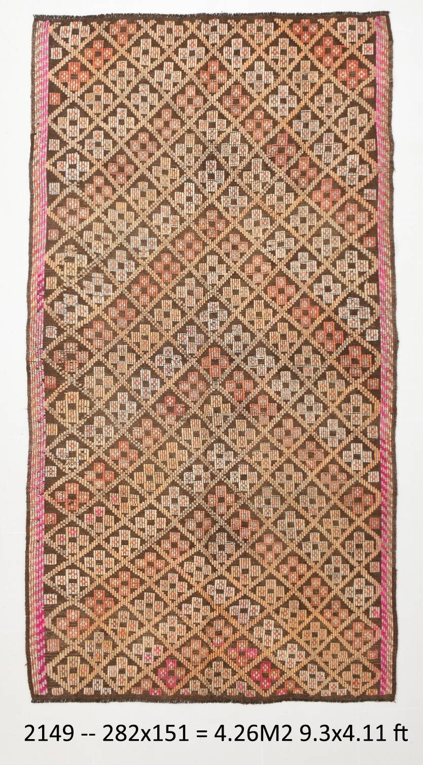5x9 Yellow Brown Turkish Kilim Rug, 151x282Cm