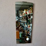 Vintage mirror rearview design from the 60s, patinated brass.
