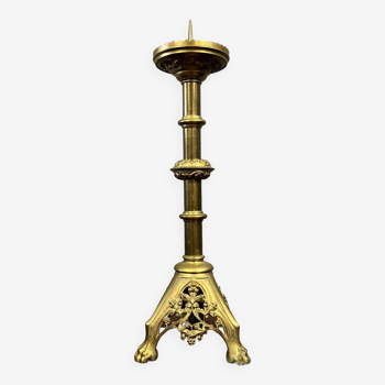 Church candlestick in bronze and gilded brass 19th century / 87cm
