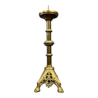 Church candlestick in bronze and gilded brass 19th century / 87cm