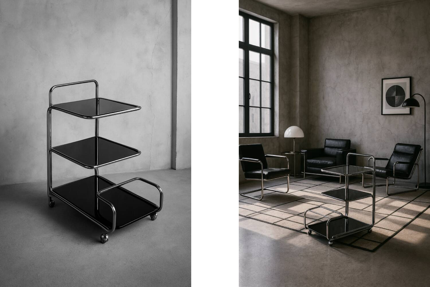 Vintage Mid-Century German Modern Bauhaus Chrome & Glass Serving Trolley