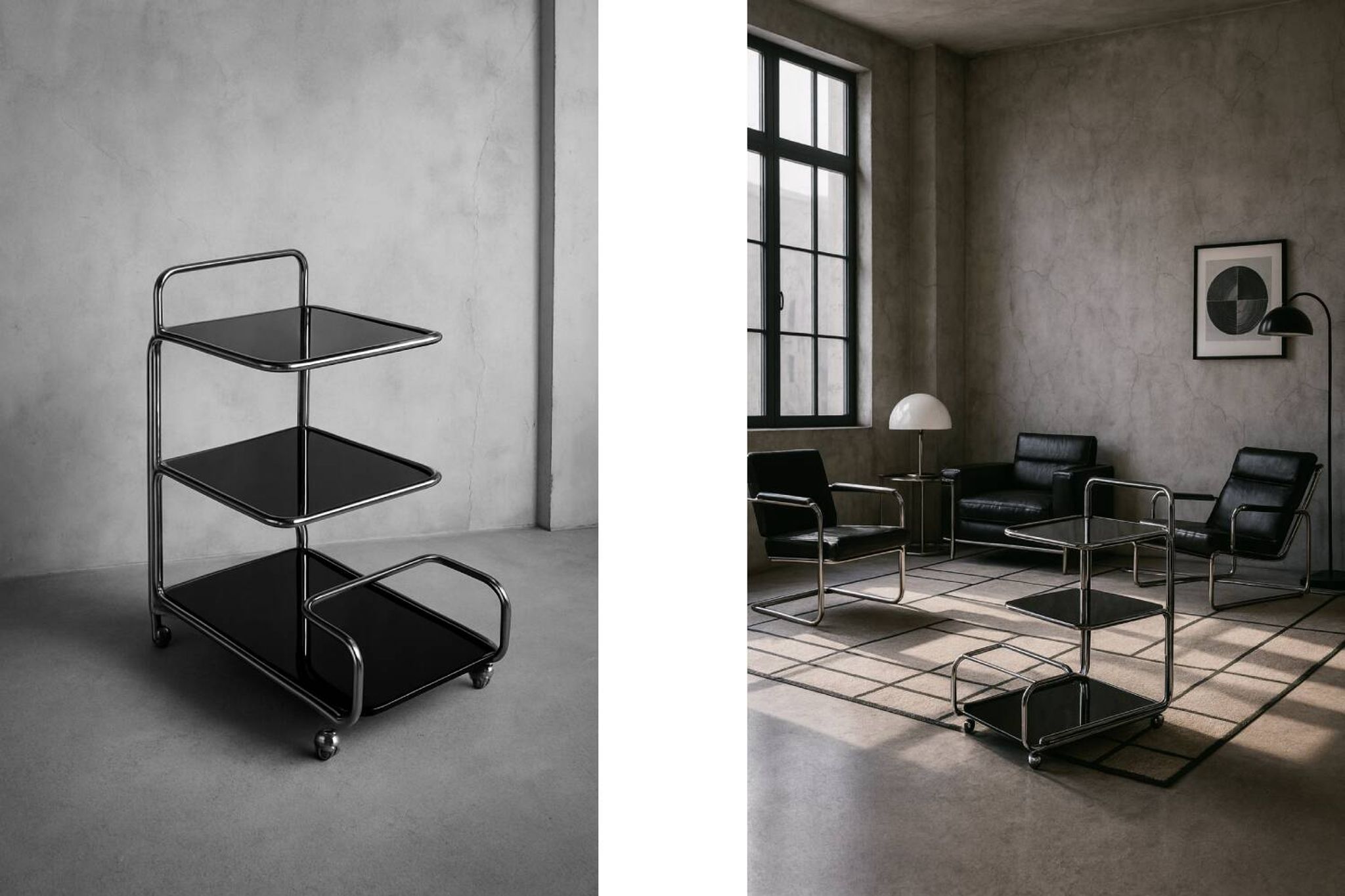 Vintage Mid-Century German Modern Bauhaus Chrome & Glass Serving Trolley