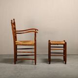 Rustic Armchair and Stool in stained oak and rush, France 1950s