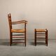 Rustic Armchair and Stool in stained oak and rush, France 1950s