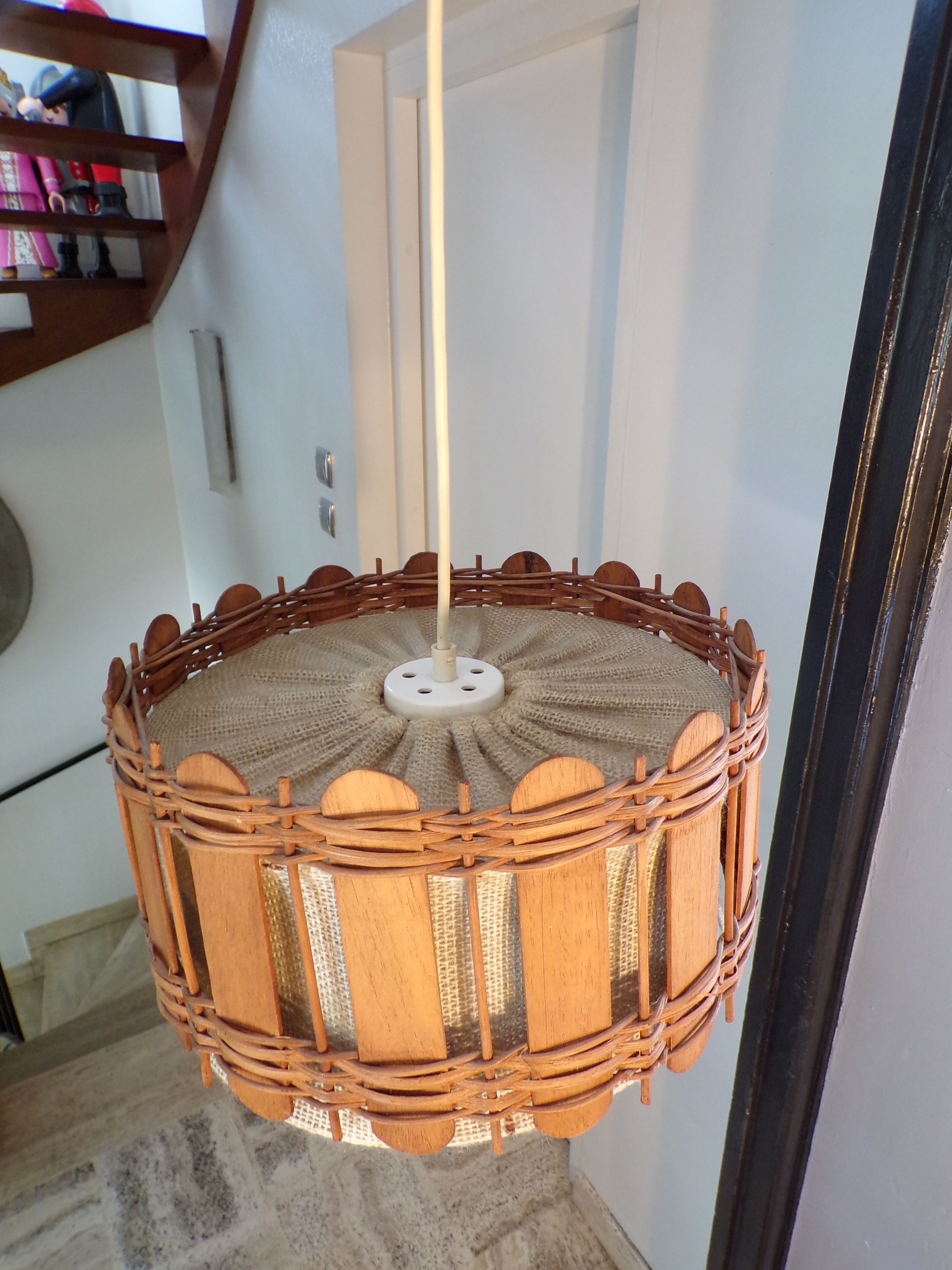 Vintage jute, rattan and wood pendant lamp