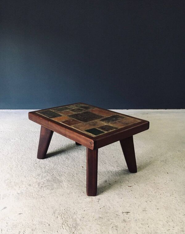 Brutalist Rustic Slate Tile & Oak Coffee Table, Belgium, 1960s