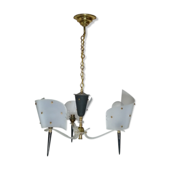3-branched chandelier in brass, metal, and conical perspex torches from 1950