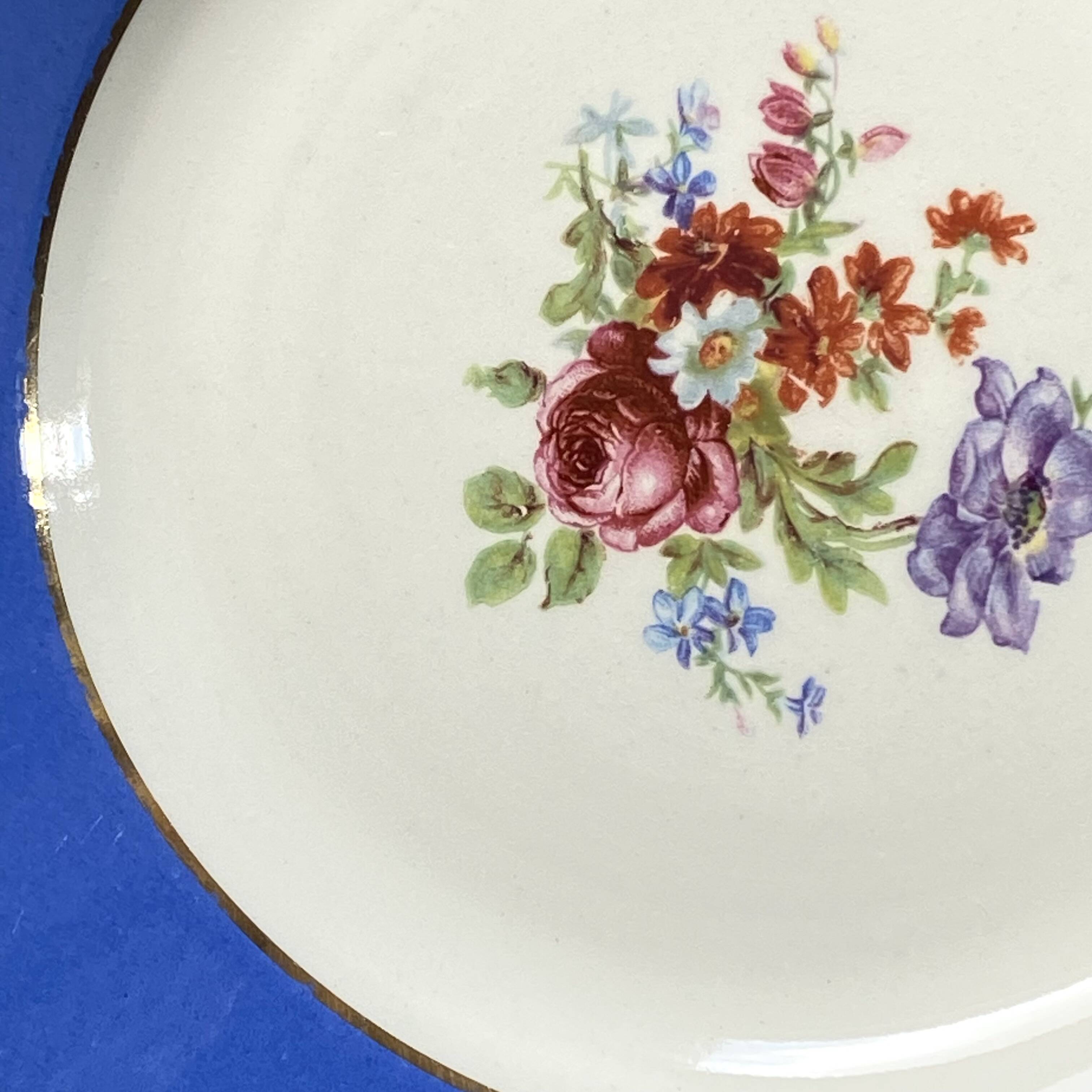 6 assiettes dessert faïence ancienne bleue fleurs dorure Saint Amand