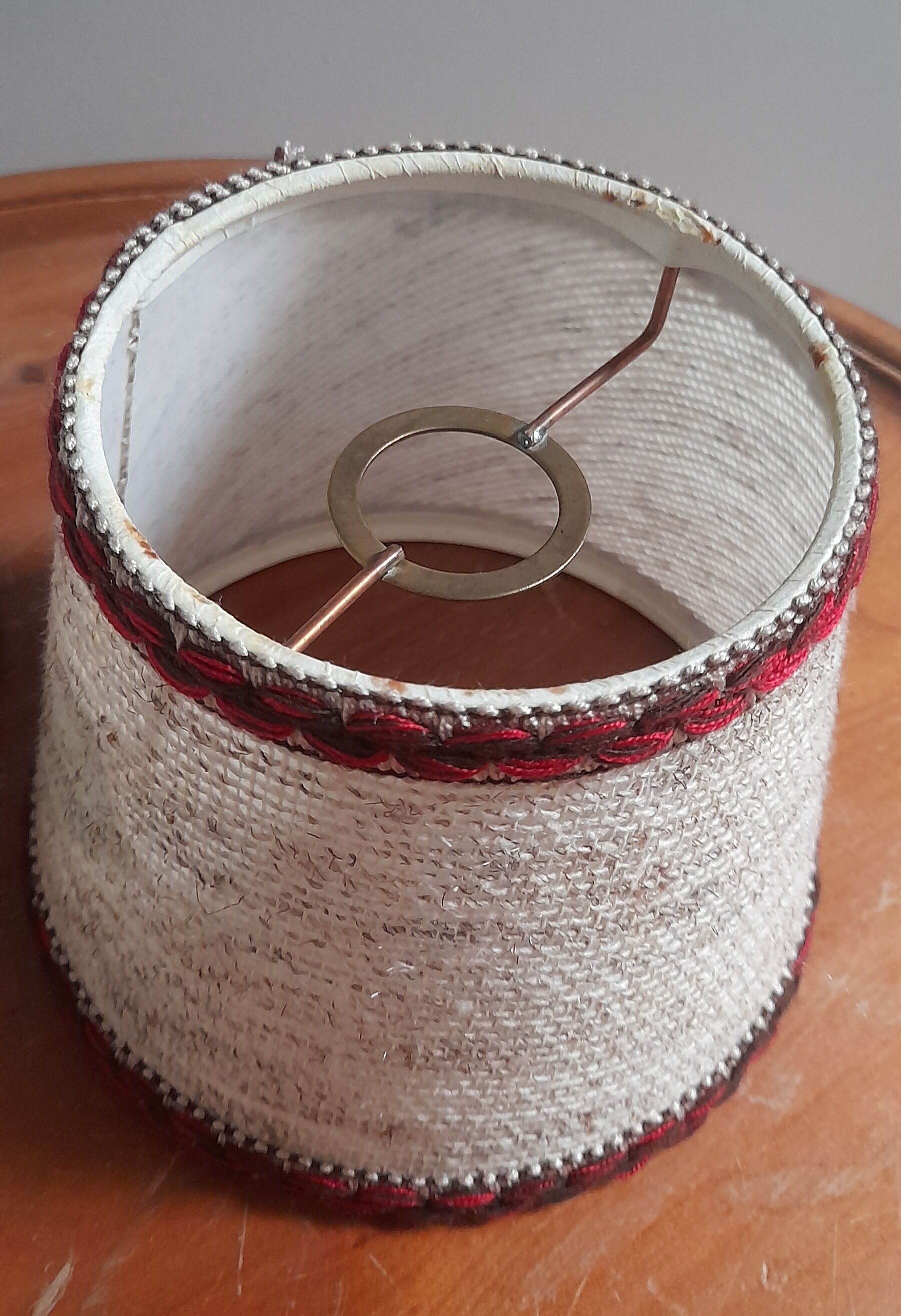 3 abat-jours jute écru et galons rouges pour lustre ou applique culot E14 - vintage 1970