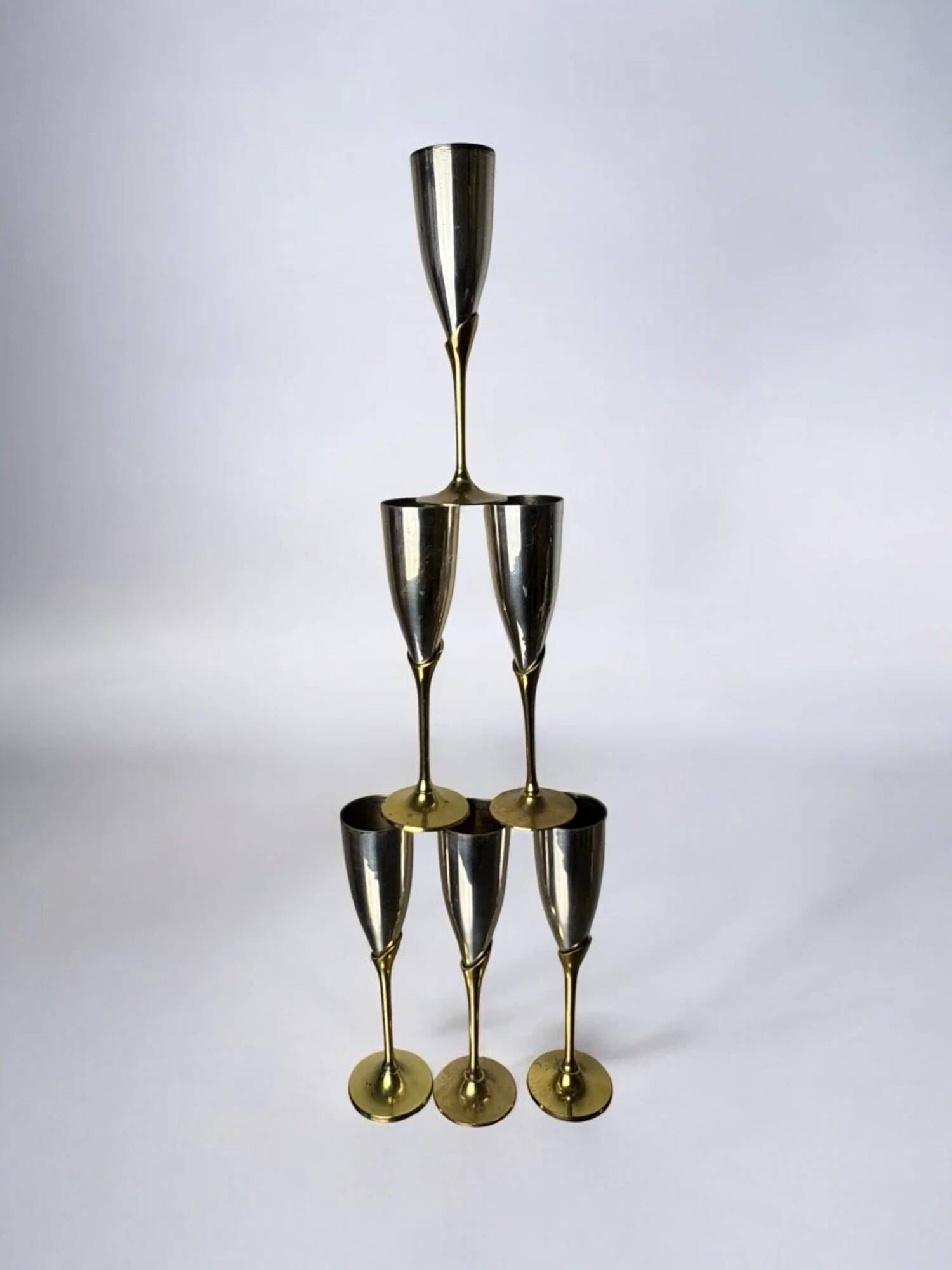 Brutalist champagne glasses in brass & silver plated, set of 6, Spain, 1970s