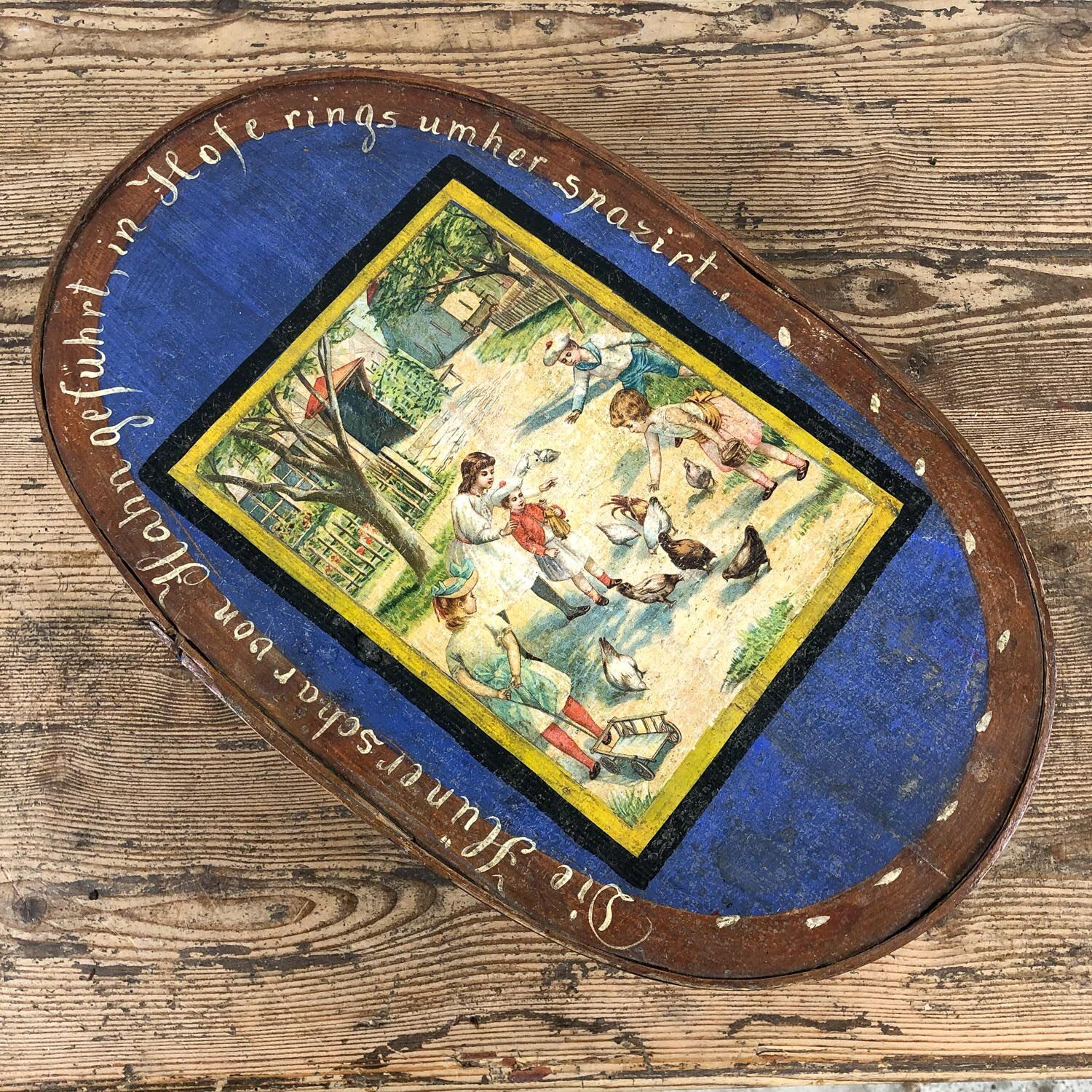 Antique blue orange painted german bride box 19th century folk art