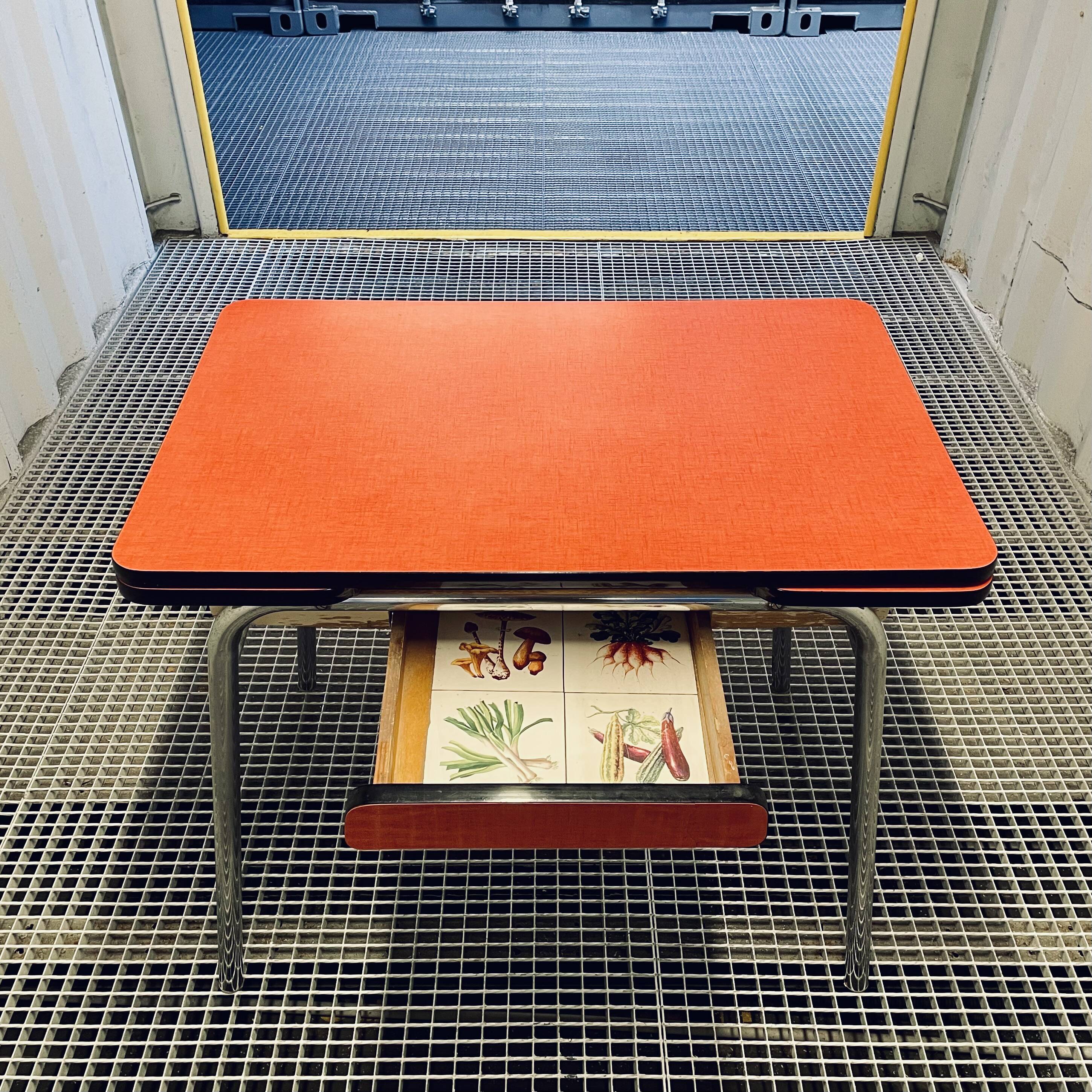 Red Formica table and vintage yellow chairs