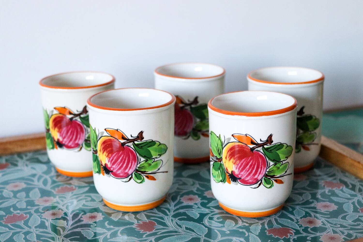 5 vintage painted apple coffee cups