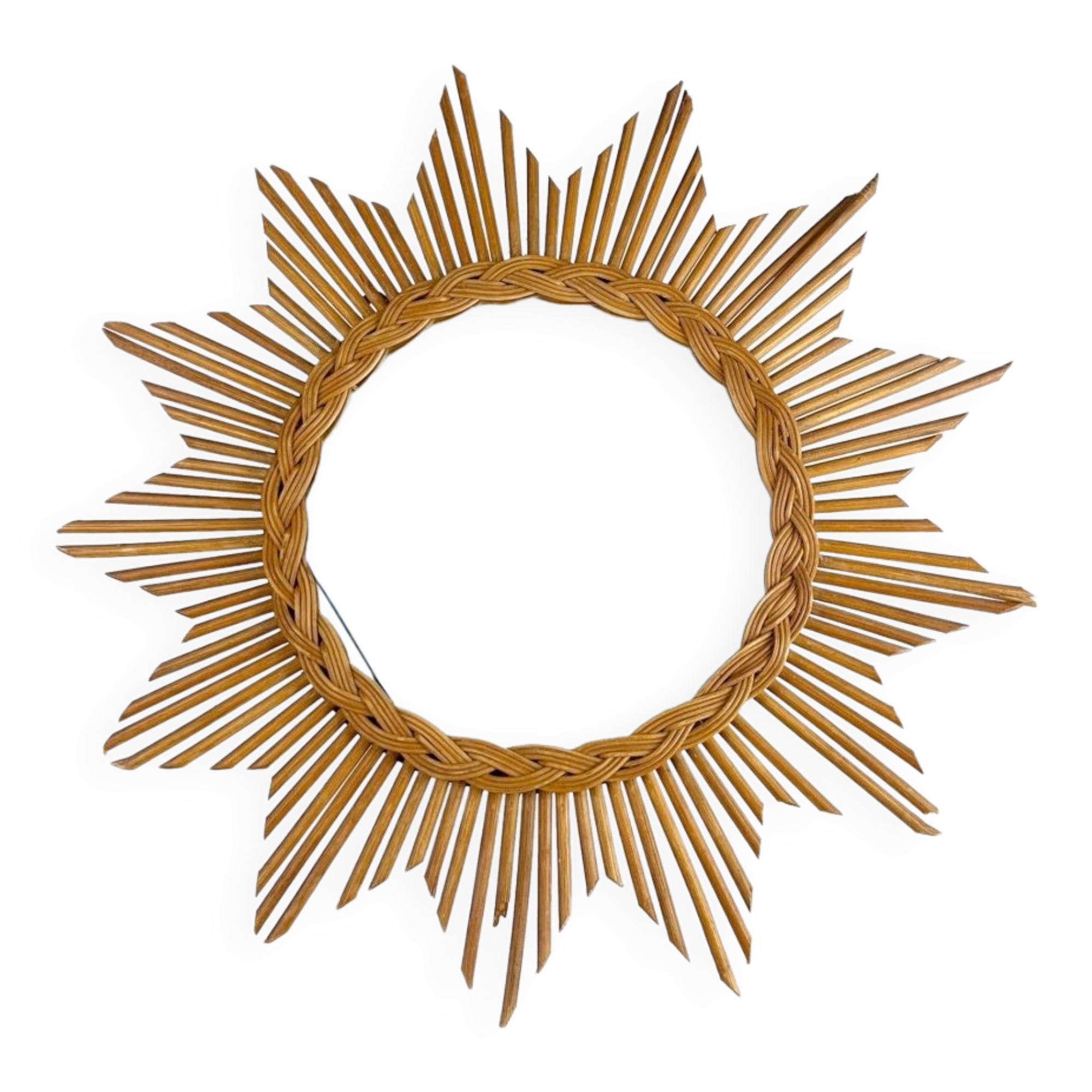 Sun mirror with starry frame wood and wicker 70s