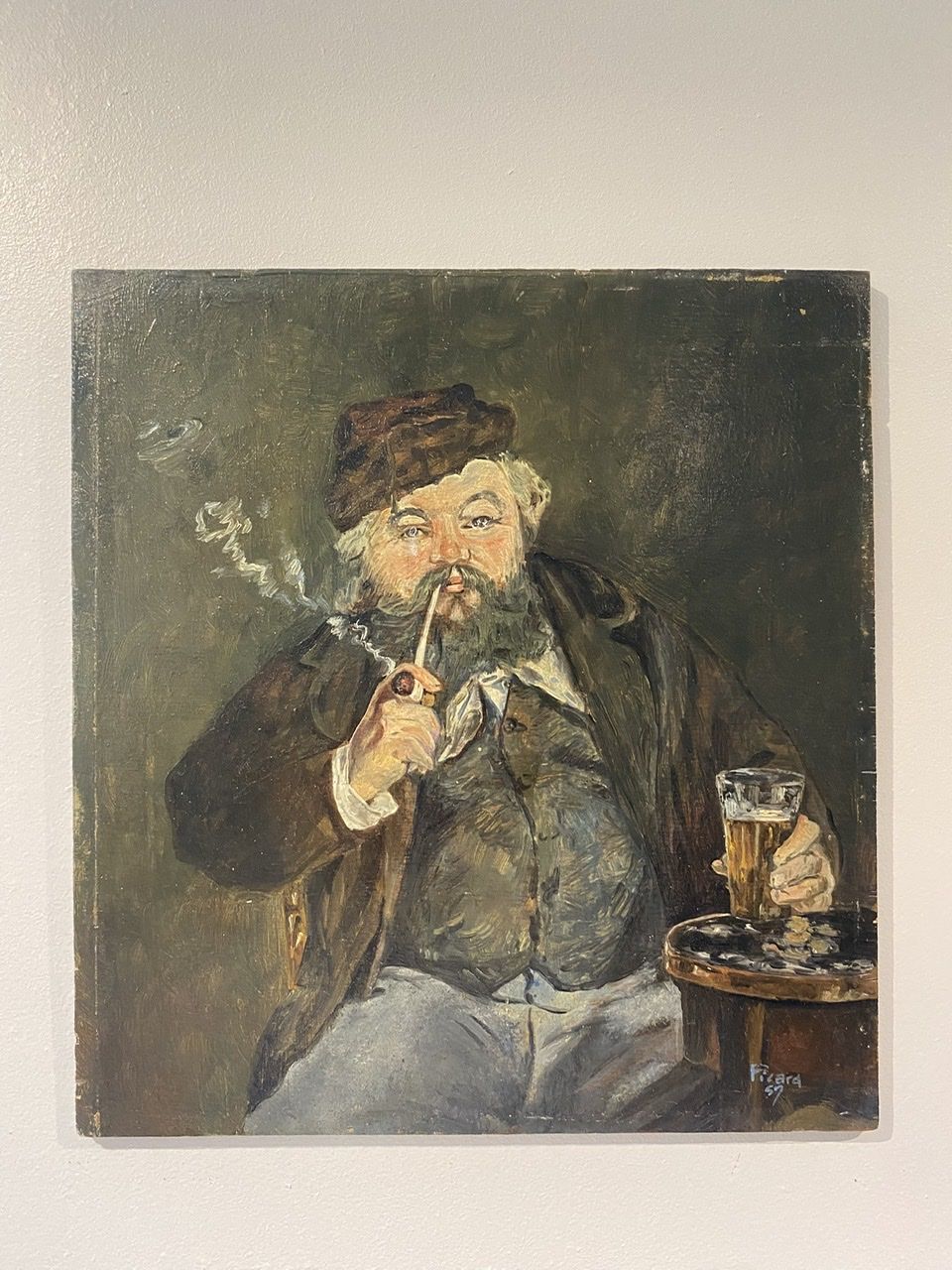 Old painting, portrait of a man with a pipe, signed and dated 57