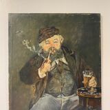 Old painting, portrait of a man with a pipe, signed and dated 57