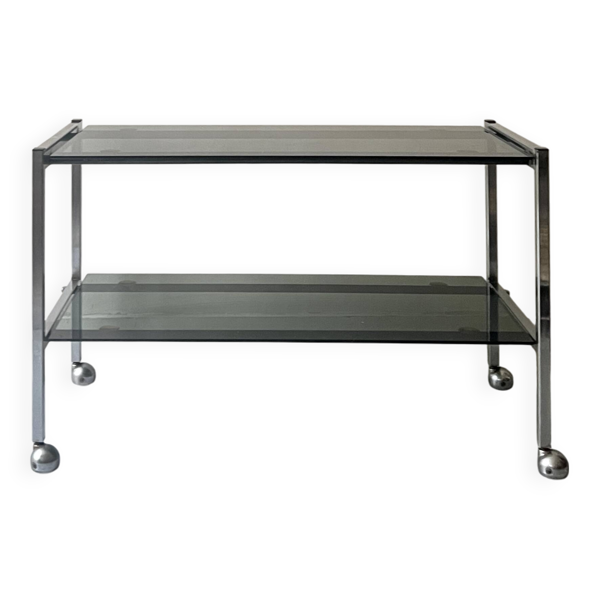 Low hi-fi/TV trolley in chrome and smoked glass, 1970s design