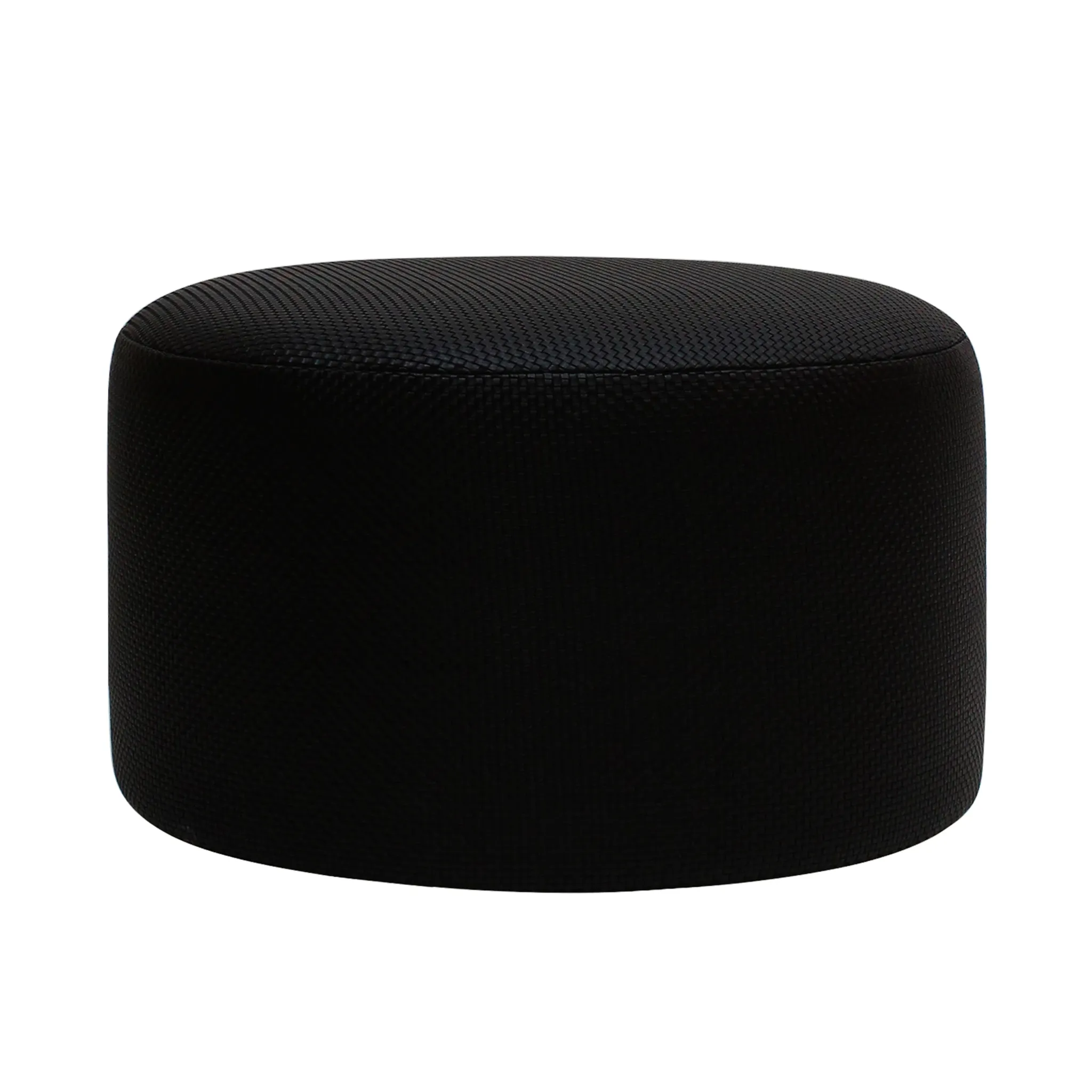 Contemporary Upholstered In Black Braided Lambskin Circular Pouff