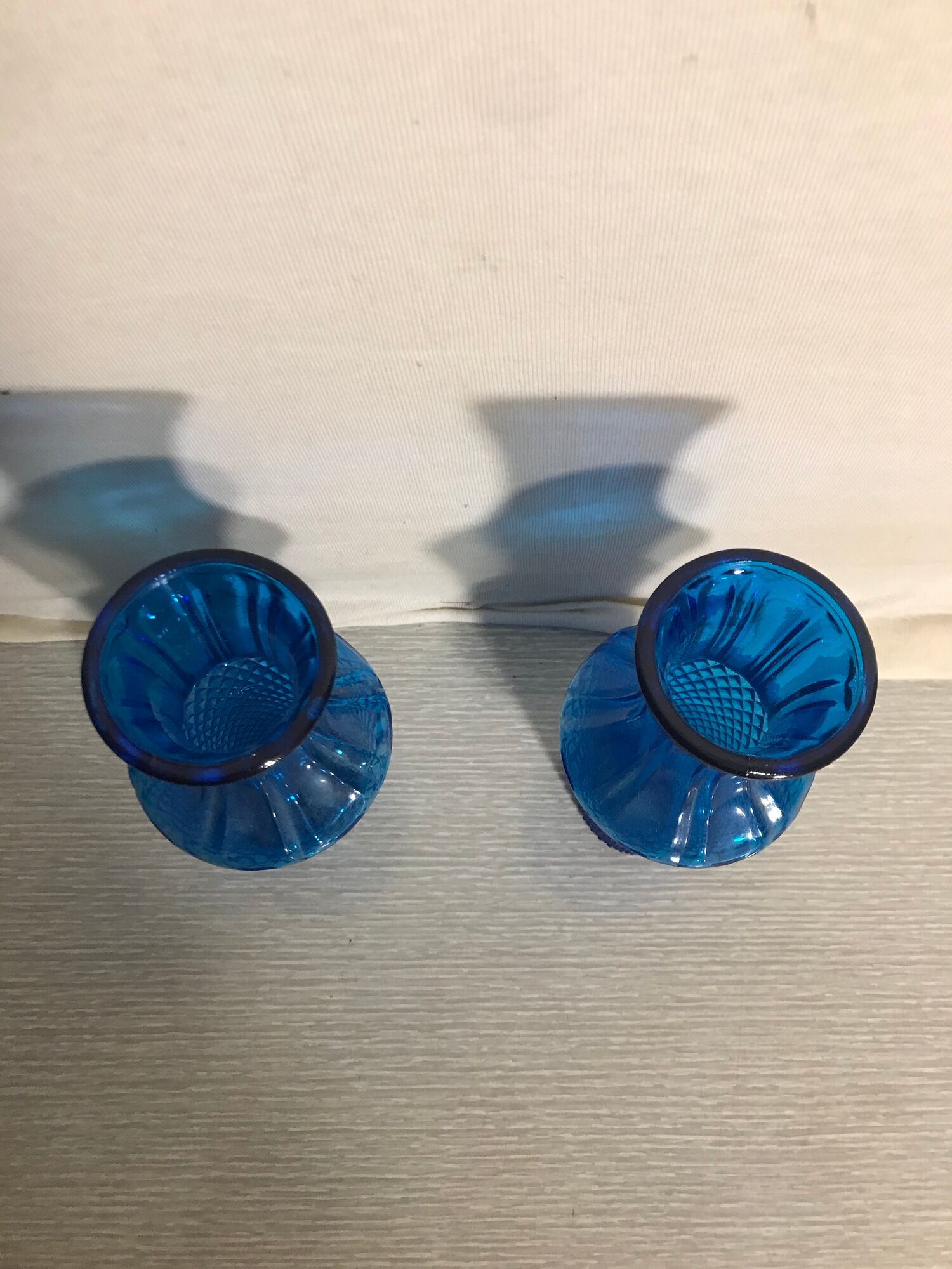 Pair Of Vase Ancient Art Deco Glass Molded Blue Geometric Shape Vintage