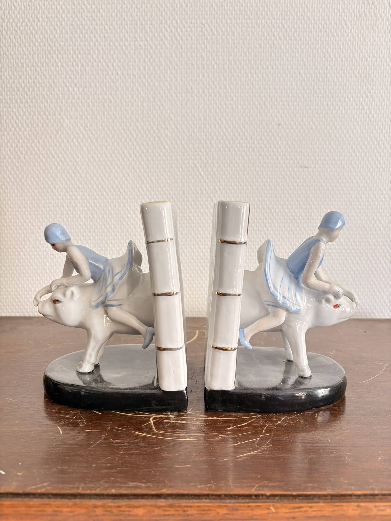 Old Pair of Bookends Porcelain White Girl Woman Equestrian Pig Art