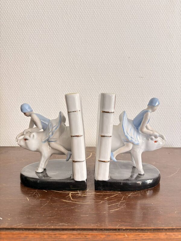 Ancien Paire Serre Livre Porcelaine Blanc Fille Femme équitation cochon Art