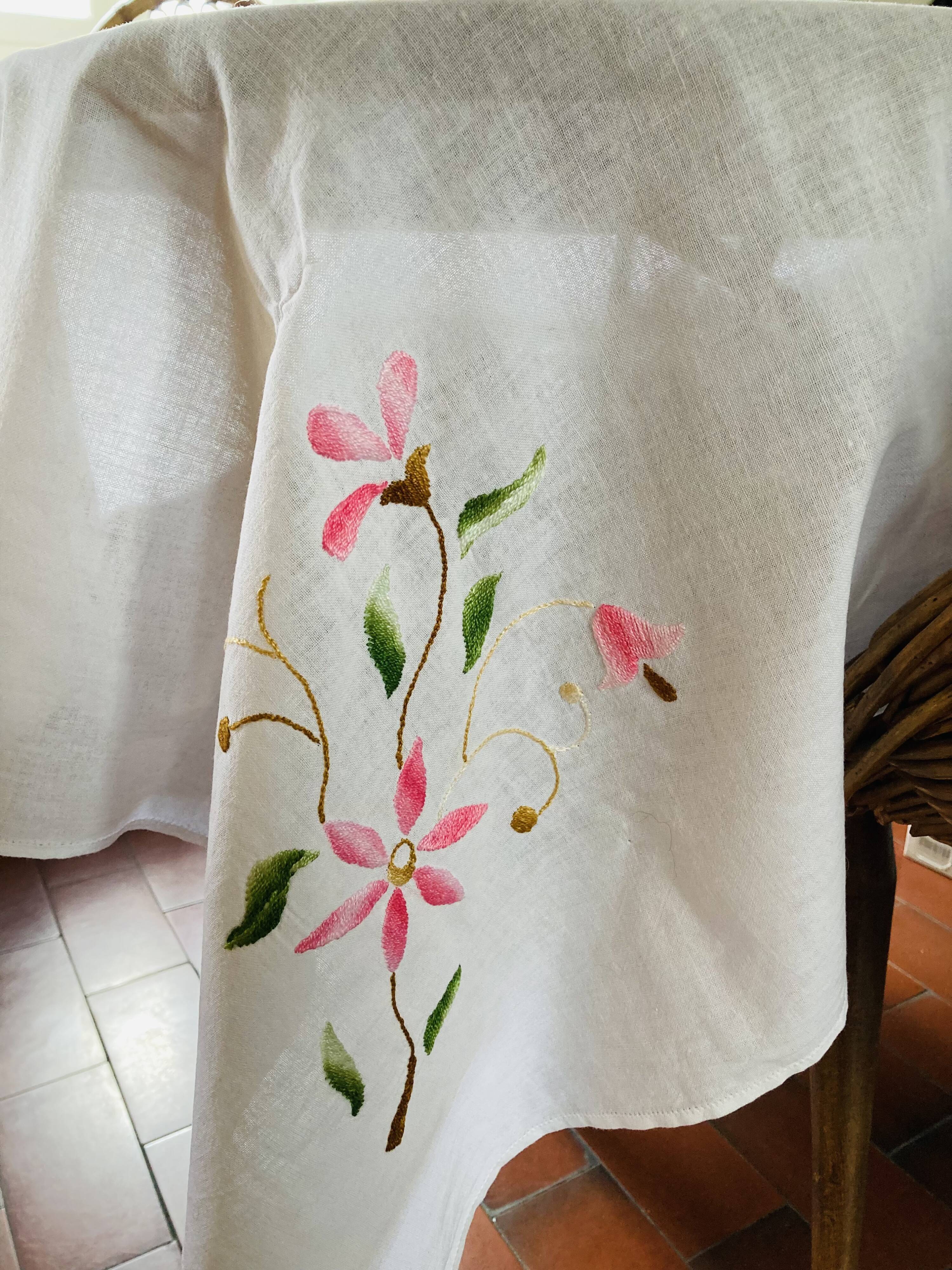 Embroidered white cotton tablecloth