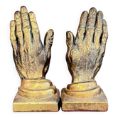 Vintage Gold-Tone Bookend Praying Hands Decorative Bronze Sculptural Book Holder