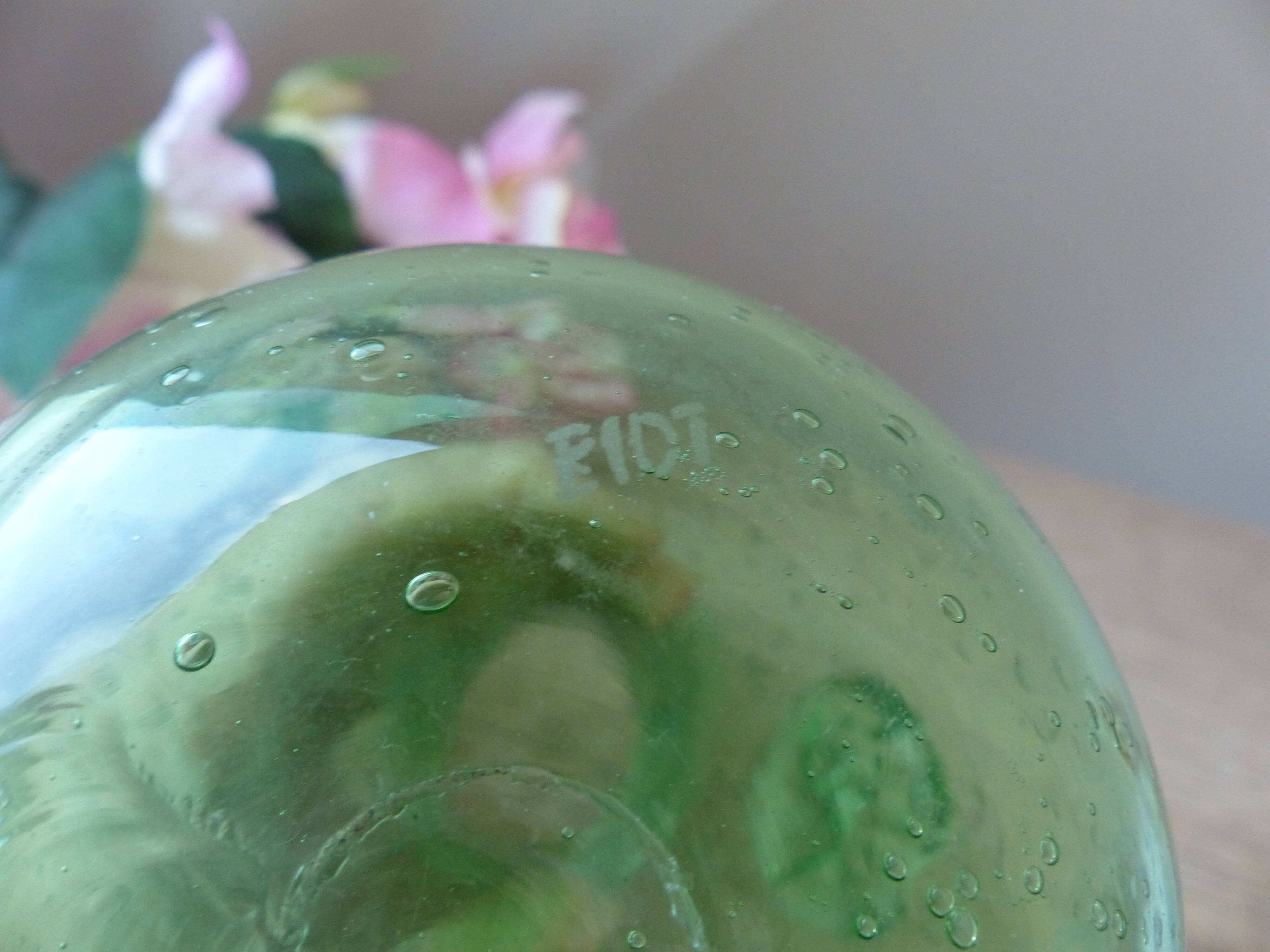 Small carafe in blown and bubble glass green color signed biot vintage