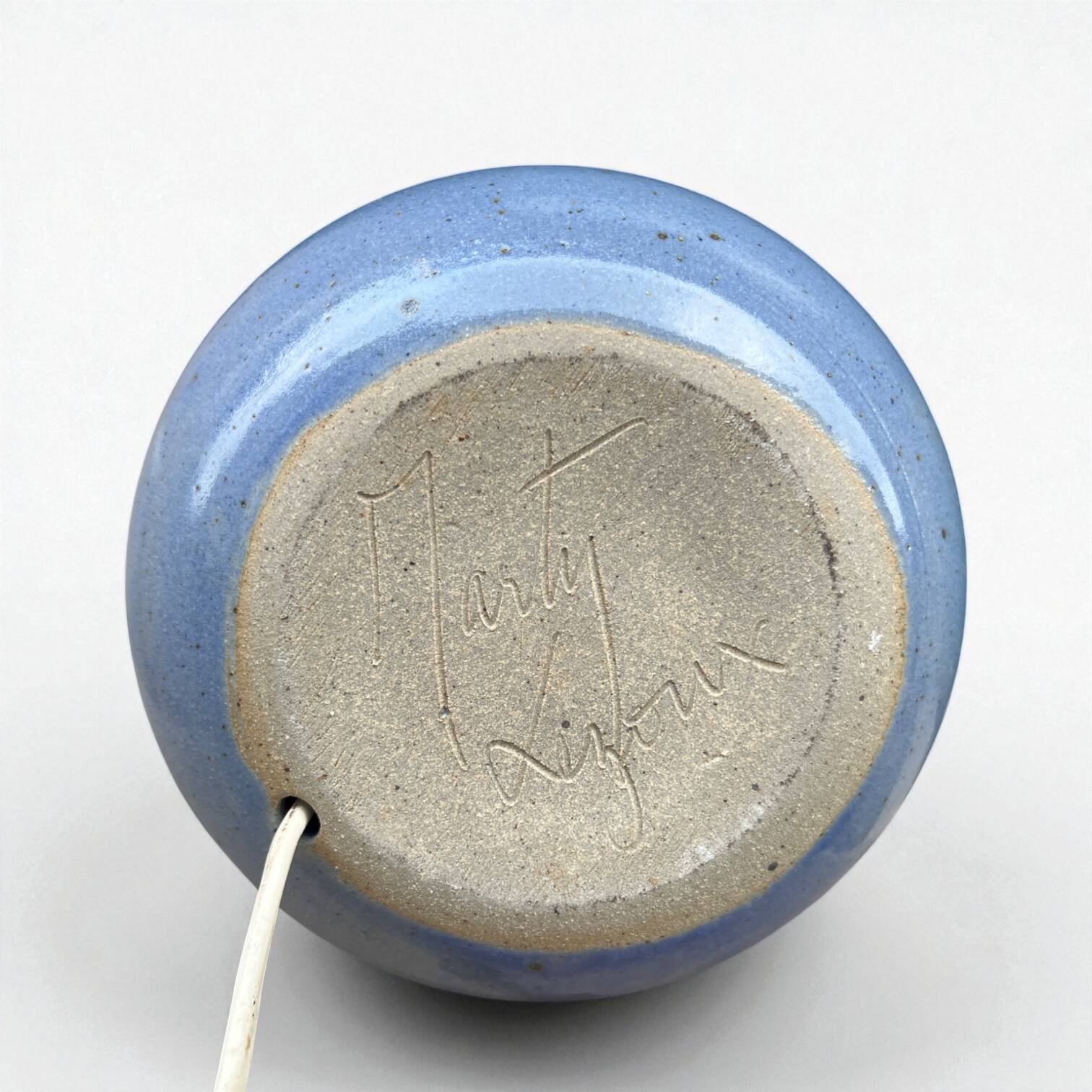 Lampe boule signé en céramique grès bleu lavande abat-jour corde ou raphia